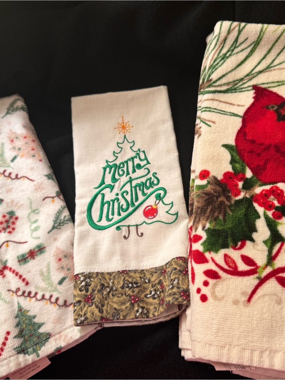 Merry Christmas Embroidered Holiday Kitchen Towel — White and Green